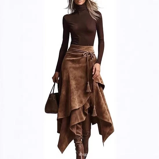 Damen asymmetrischer Wickelrock mit dekorativen Quasten Drune