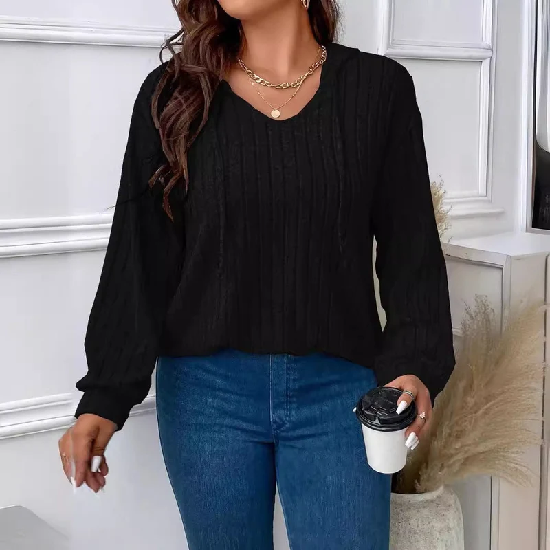 Damen nan gerippter Kapuzenpullover aus Feinstrick mit V-Ausschnitt Drune