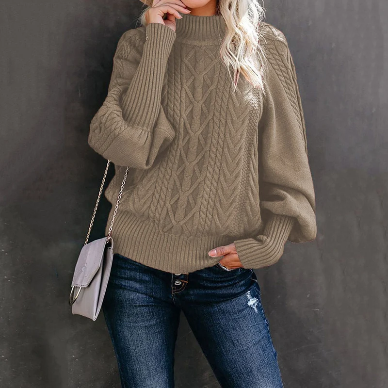 Damen nan Zopfmuster-Strickpullover mit Rollkragen und Ballonärmeln Drune
