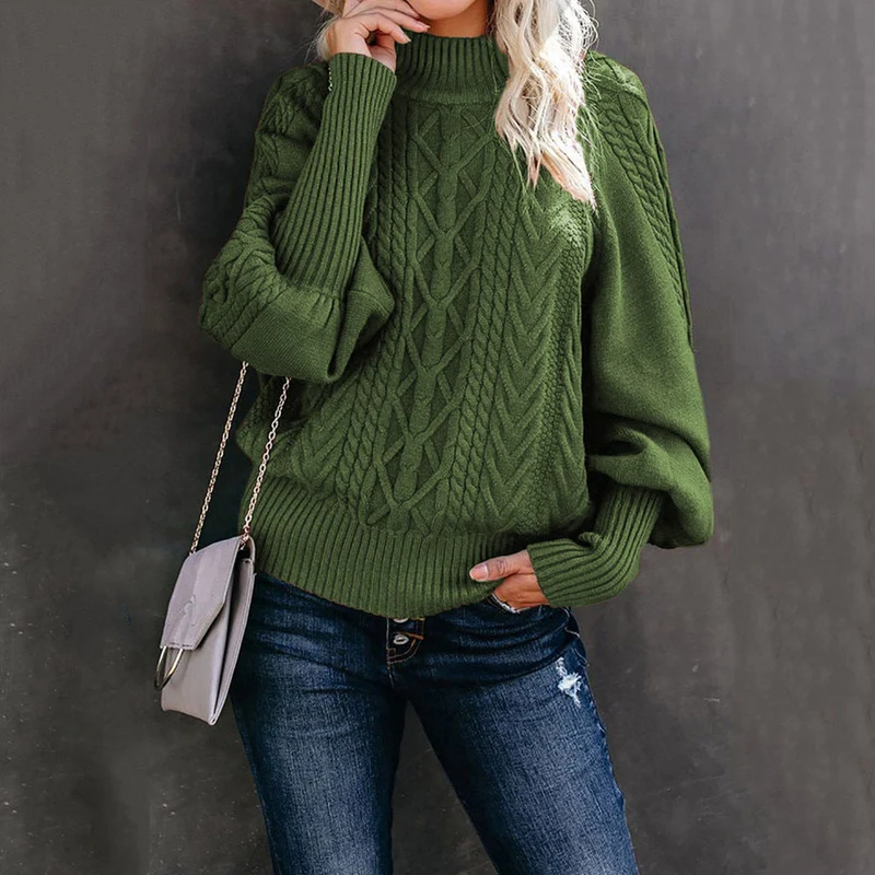 Damen nan Zopfmuster-Strickpullover mit Rollkragen und Ballonärmeln Drune