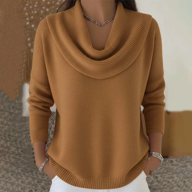Damen nan fein gestrickter Pullover mit Wasserfallkragen und geripptem Saum Drune