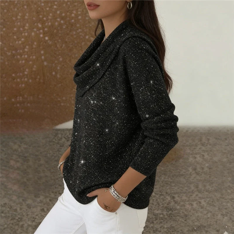 Damen nan fein gestrickter Pullover mit Wasserfallkragen und geripptem Saum Drune