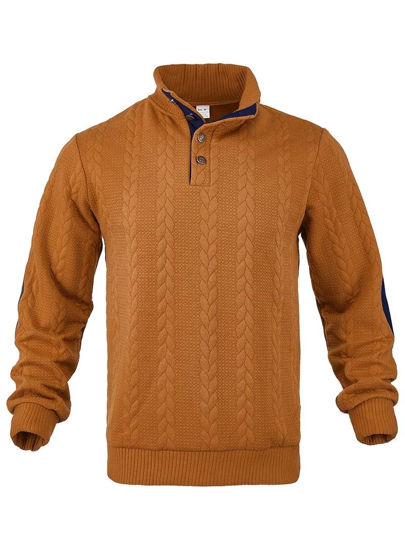 Herren nan Zopfmuster-Pullover mit Stehkragen, halber Knopfleiste und Ellbogenpatches Drune
