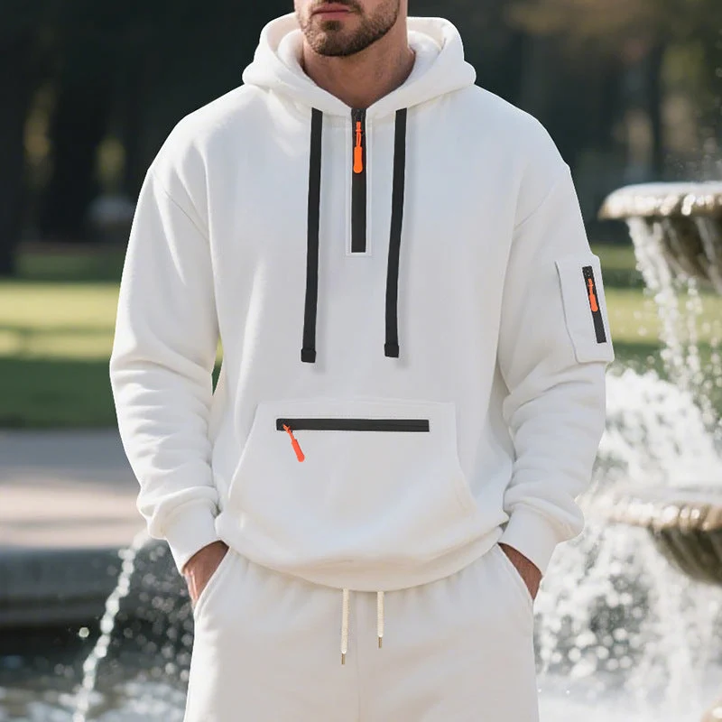 Herren nan technischer Freizeit-Hoodie mit kurzem mittigem Reißverschluss, Reißverschluss-Kängurutasche und Ärmeltasche Drune
