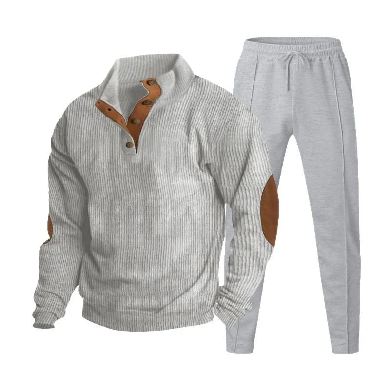 Herren nan strukturiertes Strick-Loungewear-Set mit halber Knopfleiste, kontrastreichen Ellbogenpatches und elastischem Tunnelzug-Jogger Drune