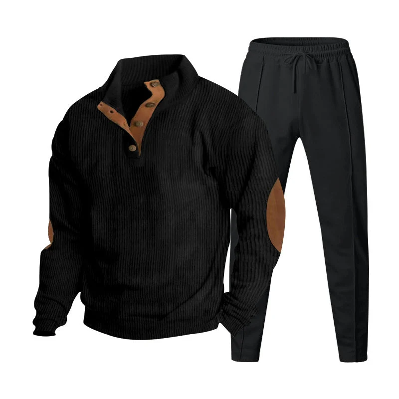 Herren nan strukturiertes Strick-Loungewear-Set mit halber Knopfleiste, kontrastreichen Ellbogenpatches und elastischem Tunnelzug-Jogger Drune