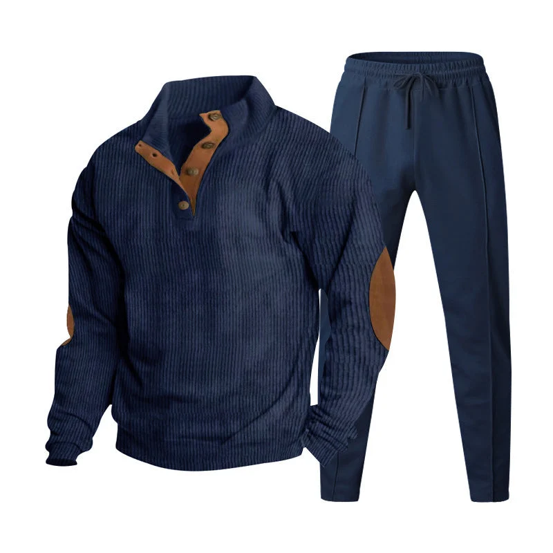 Herren nan strukturiertes Strick-Loungewear-Set mit halber Knopfleiste, kontrastreichen Ellbogenpatches und elastischem Tunnelzug-Jogger Drune
