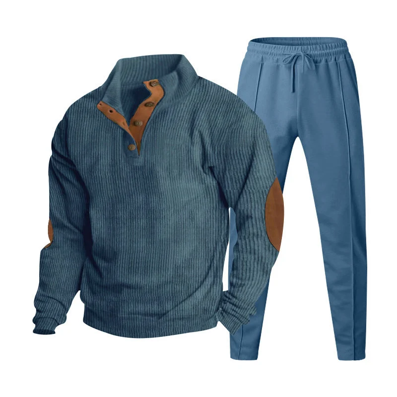 Herren nan strukturiertes Strick-Loungewear-Set mit halber Knopfleiste, kontrastreichen Ellbogenpatches und elastischem Tunnelzug-Jogger Drune