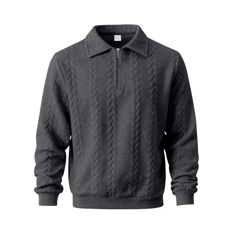 Herren nan strukturierter Strickpullover mit halbem Reißverschluss, Polokragen und Zopfmuster Drune