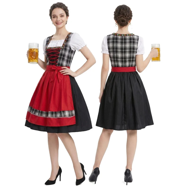 Damen nan traditionelles Trachten-Dirndl mit Schnürleiste, A-Linie Rock und Schleifen-Schürze Drune