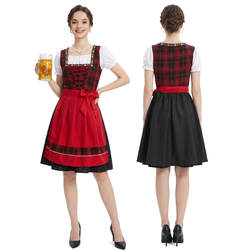 Damen nan traditionelles Trachten-Dirndl mit Schnürleiste, A-Linie Rock und Schleifen-Schürze Drune