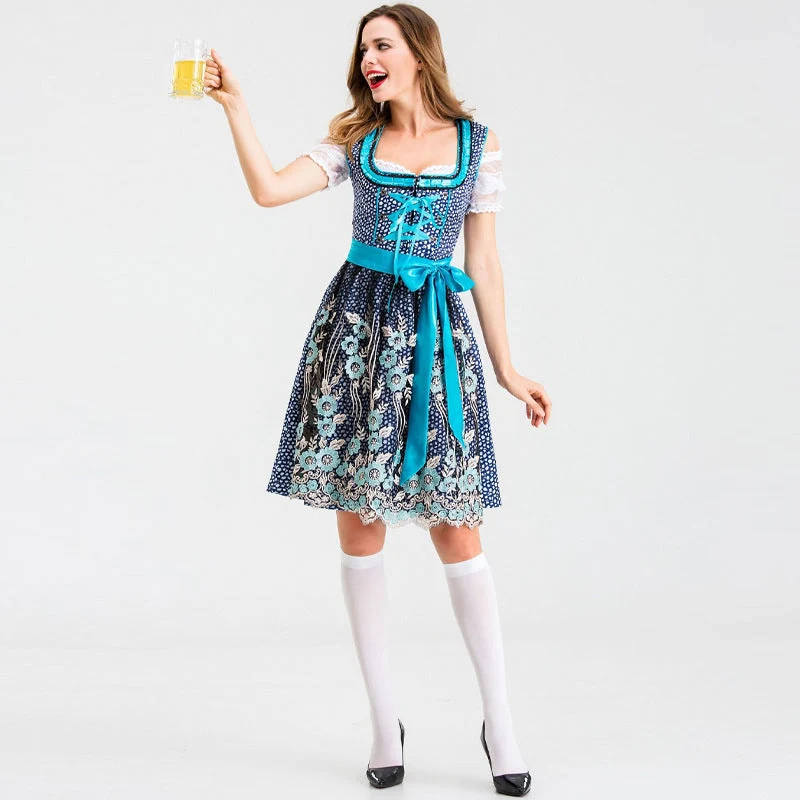 Damen nan traditionelles Kurzdirndl mit Spitzenärmeln, Schnürung und floraler Schürze Drune