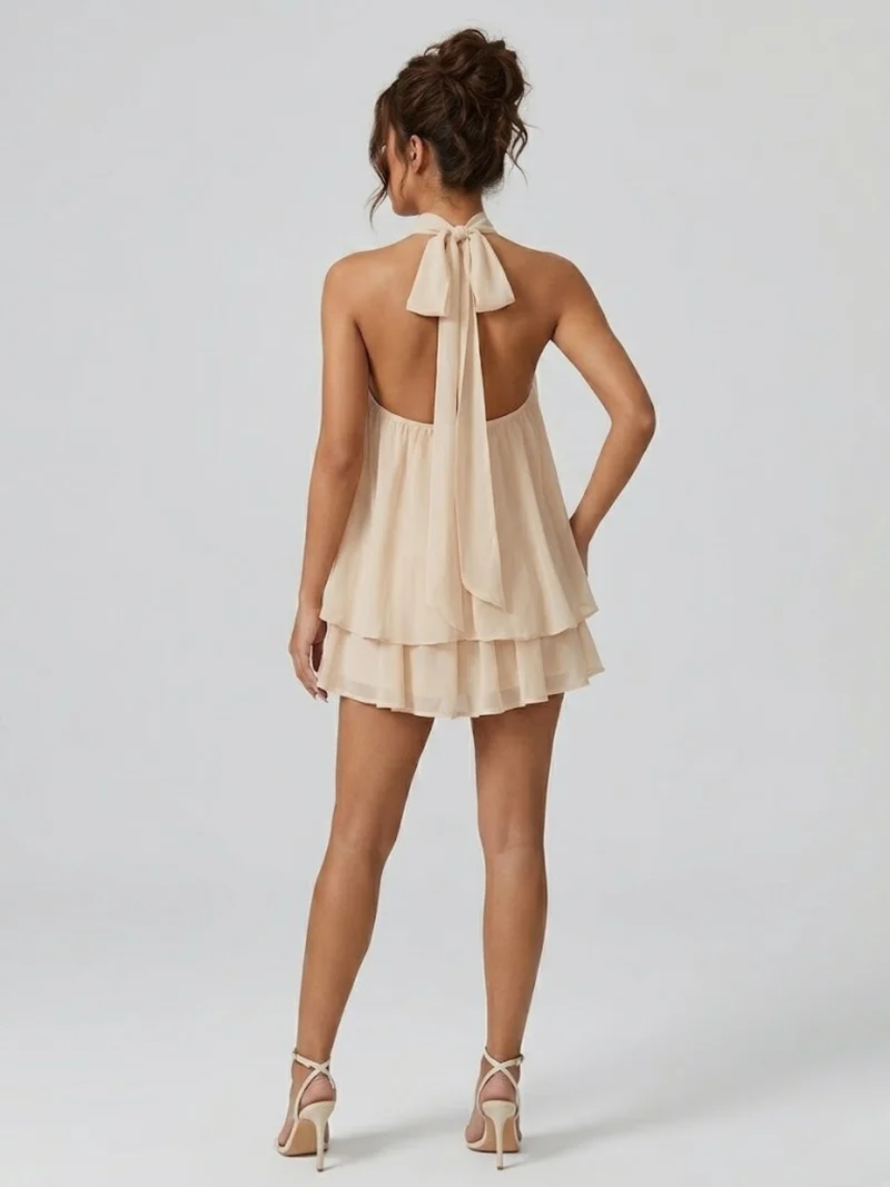 Damenkleid Kurz Stehkragen Neckholder Rückenfrei Rüschen