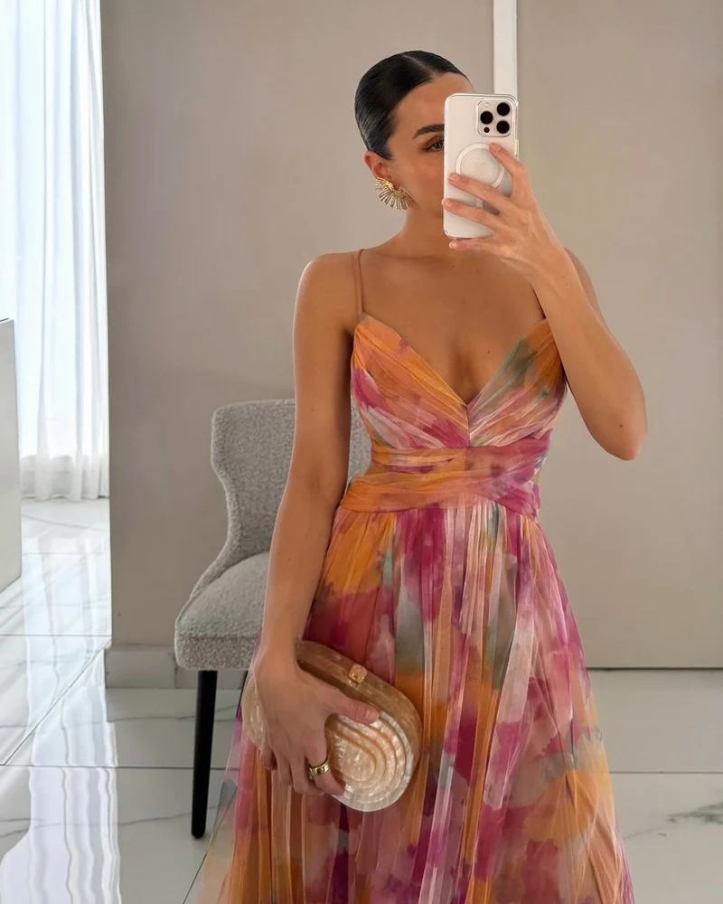 Mehrfarbiges Maxikleid mit V-Ausschnitt | Festliche Kleider Damen