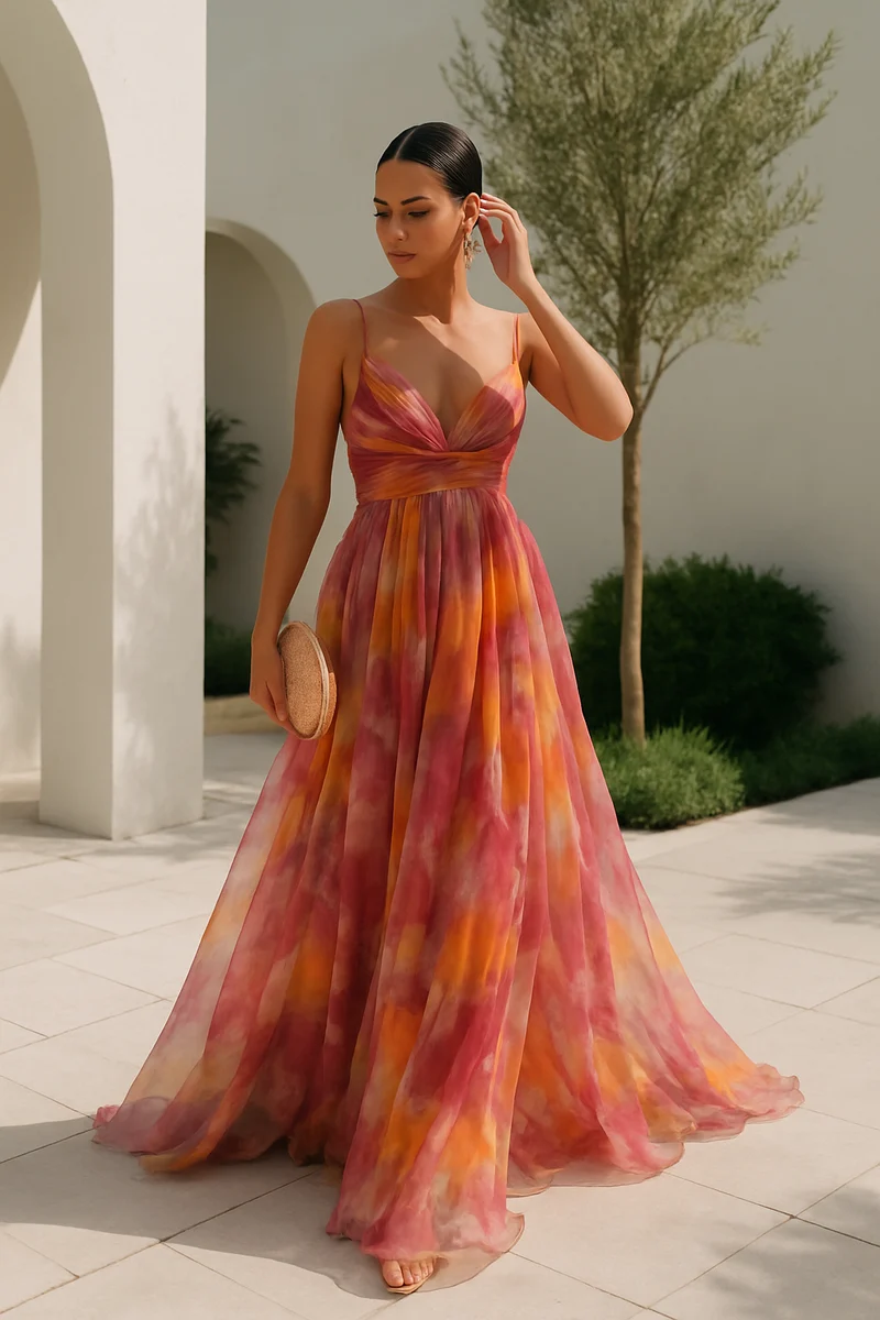 Mehrfarbiges Maxikleid mit V-Ausschnitt | Festliche Kleider Damen