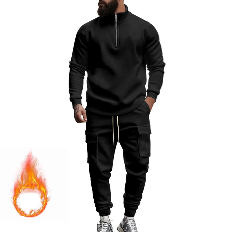 Herren nan Strick-Trainingsset mit halbem Reißverschluss, Zopfmuster-Pulli und Kordelzug-Jogger Drune