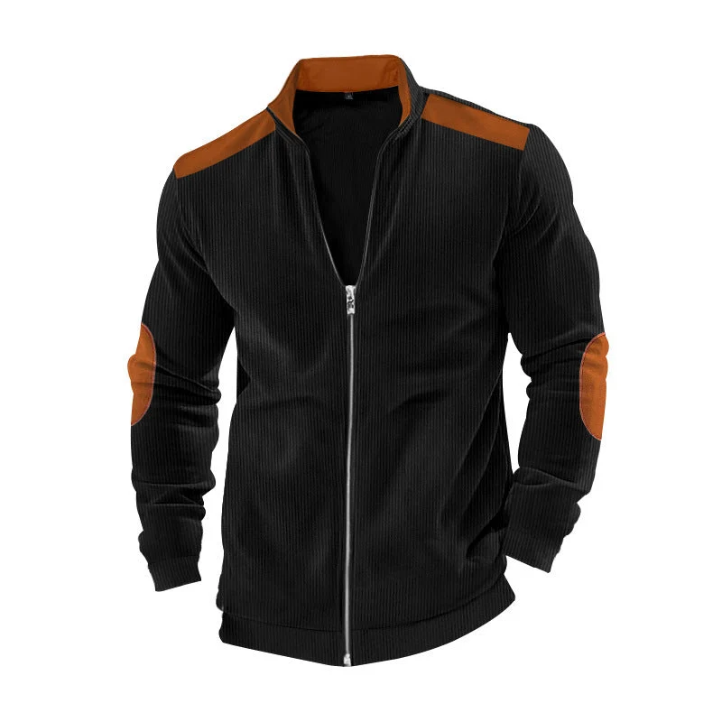Herren nan Stehkragen-Sweatjacke mit feiner Rippstruktur, Ellbogen-Patches und kontrastierenden Schulterdetails Drune