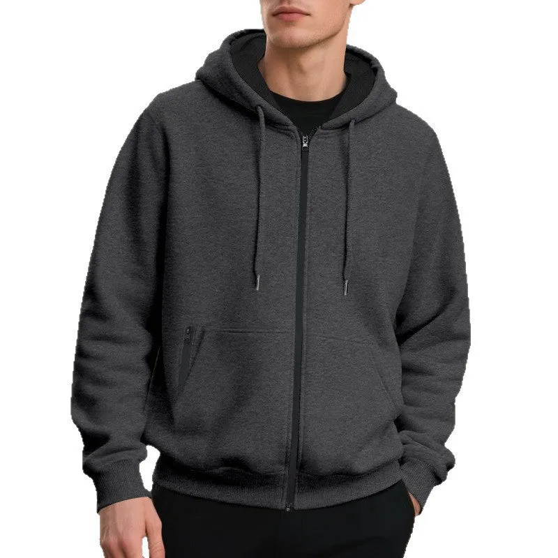 Herren nan oversized Zip-Hoodie mit durchgehendem Reißverschluss, Kängurutasche und gerippten Bündchen Drune
