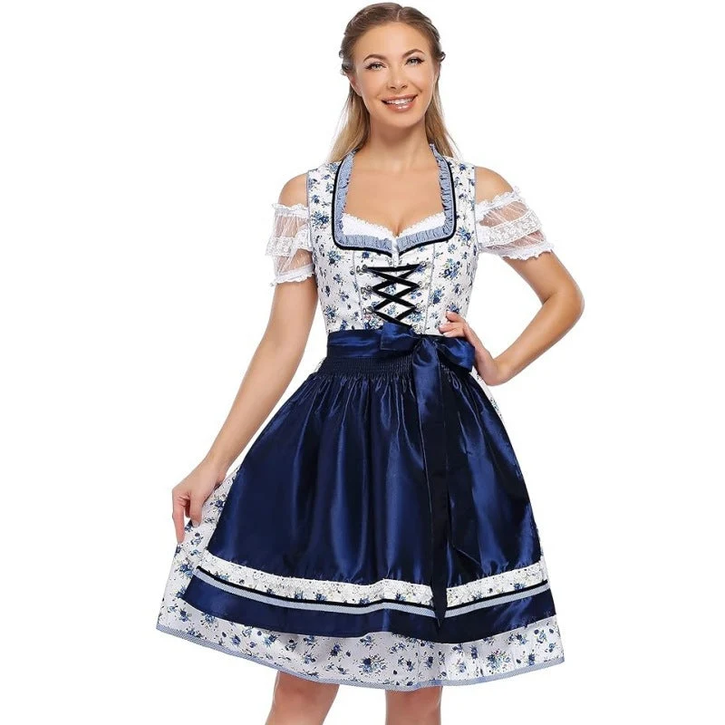 Damen nan traditionelles Dirndlkleid mit Schnürung, floraler Baumwollqualität und Schleifen-Schürze Drune