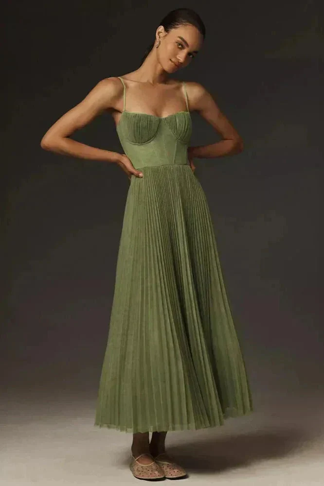 Olivgrünes Plissiertes Midikleid | Festliche Kleider Damen