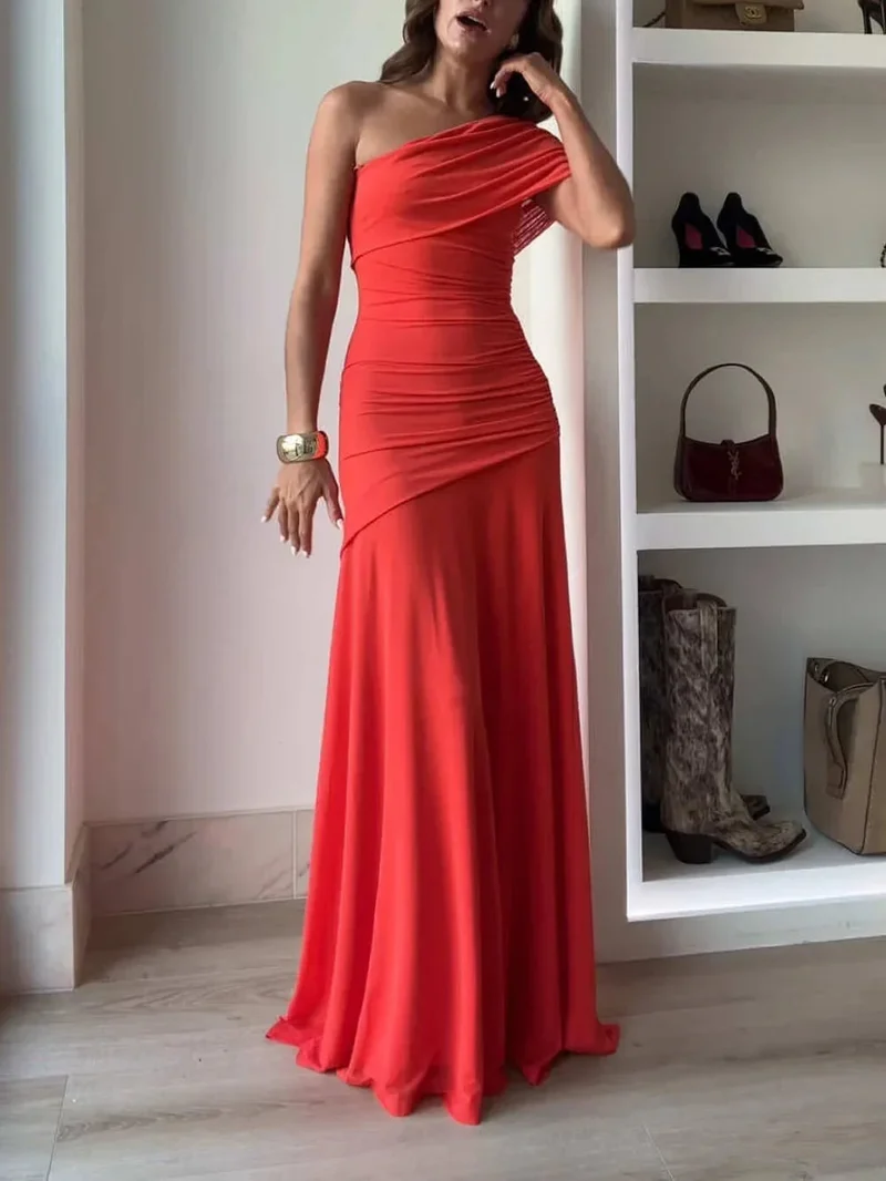 Asymmetrisches Damenkleid Lang mit Raffung für Abend