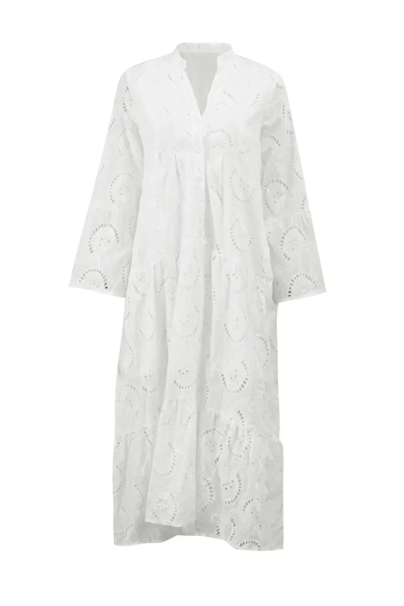 Langes Sommerkleid mit V-Ausschnitt und 3/4-Ärmeln