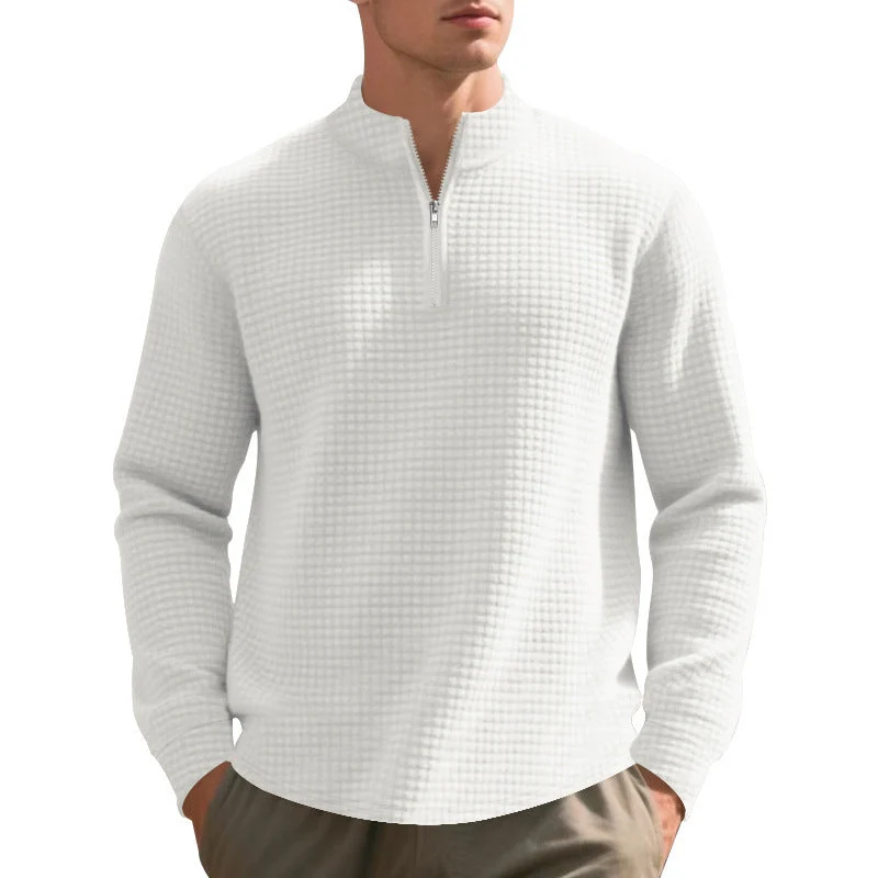 Herren nan leichtes Waffelstrick-Halbzip-Pullover mit Stehkragen und atmungsaktivem Baumwollmix Drune