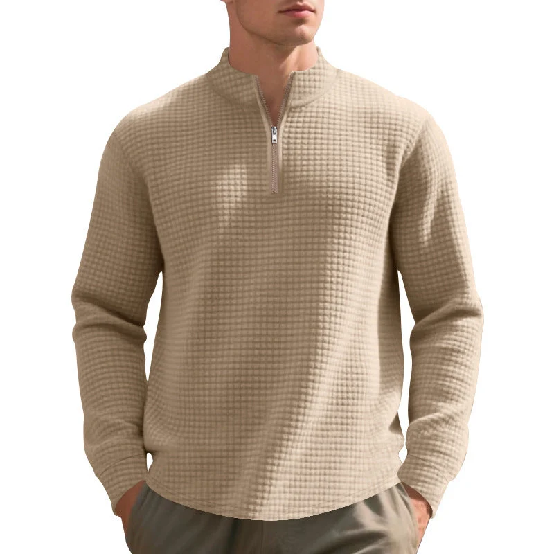 Herren nan leichtes Waffelstrick-Halbzip-Pullover mit Stehkragen und atmungsaktivem Baumwollmix Drune