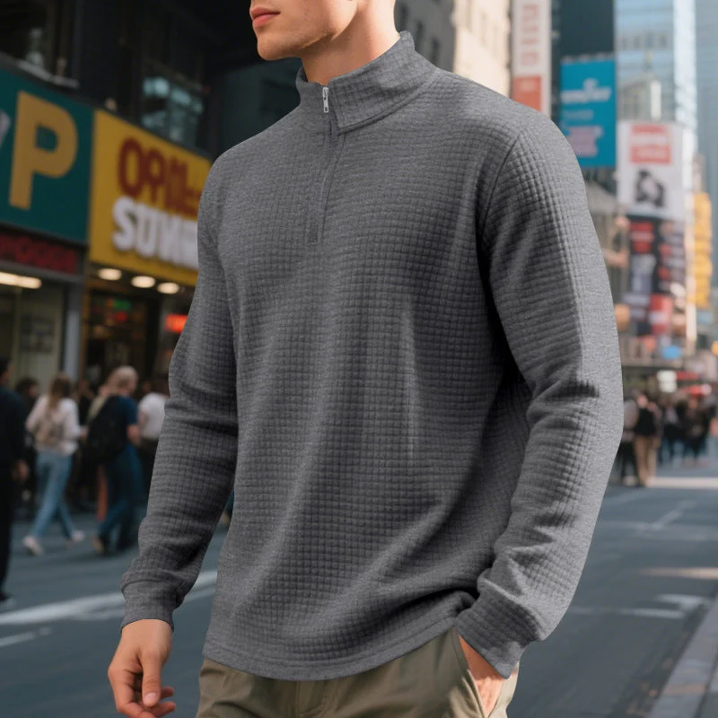 Herren nan leichtes Waffelstrick-Halbzip-Pullover mit Stehkragen und atmungsaktivem Baumwollmix Drune