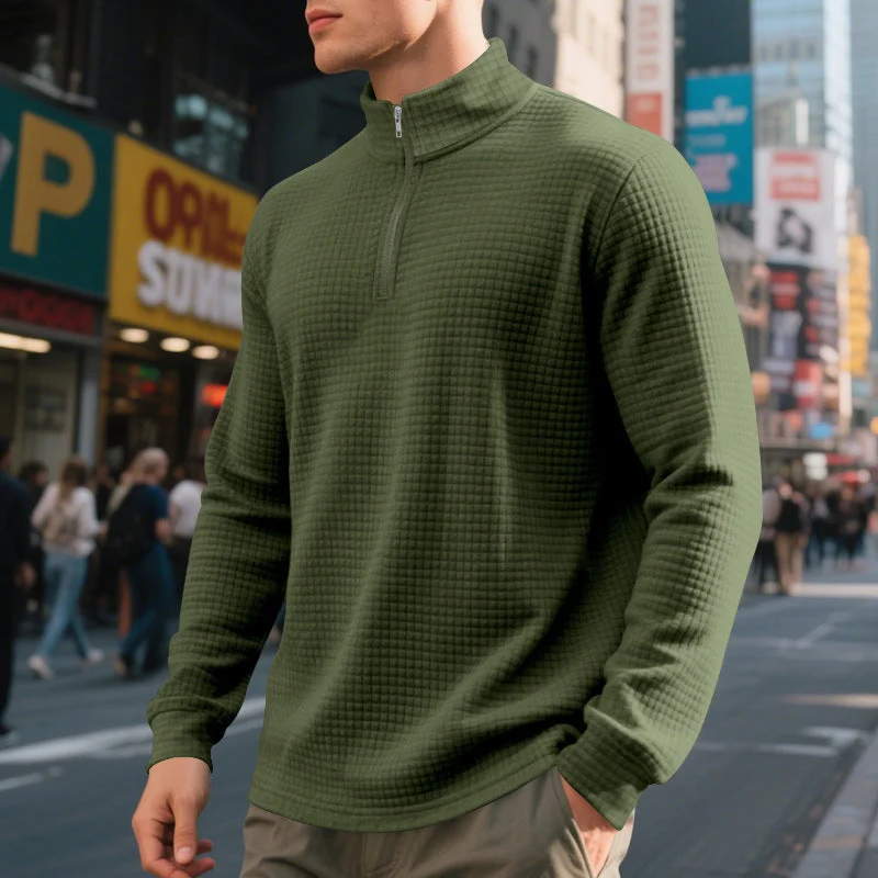 Herren nan leichtes Waffelstrick-Halbzip-Pullover mit Stehkragen und atmungsaktivem Baumwollmix Drune