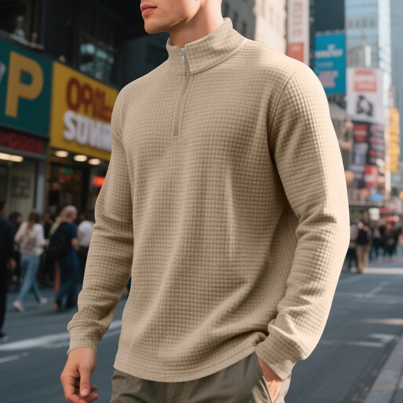 Herren nan leichtes Waffelstrick-Halbzip-Pullover mit Stehkragen und atmungsaktivem Baumwollmix Drune