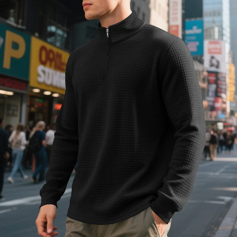 Herren nan leichtes Waffelstrick-Halbzip-Pullover mit Stehkragen und atmungsaktivem Baumwollmix Drune