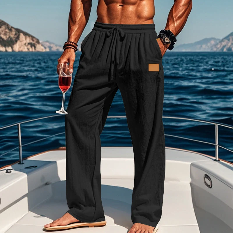 Herren nan leichte Leinenhose mit Tunnelzug, weitem Bein und Seitentaschen Drune
