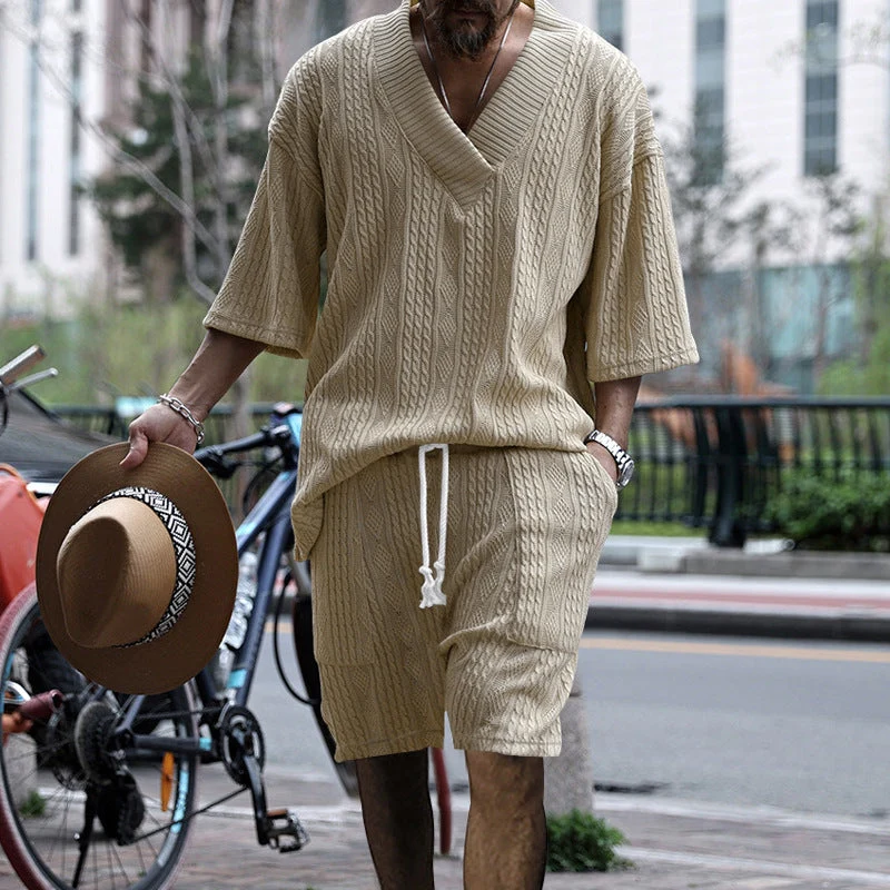 Herren nan lässiges Strick-Set mit V-Ausschnitt, Kurzarm-Oversize und Kordelshorts Drune