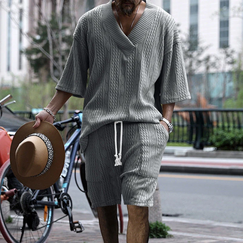 Herren nan lässiges Strick-Set mit V-Ausschnitt, Kurzarm-Oversize und Kordelshorts Drune