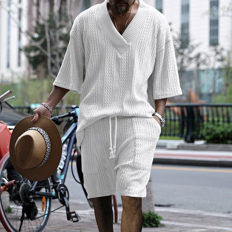Herren nan lässiges Strick-Set mit V-Ausschnitt, Kurzarm-Oversize und Kordelshorts Drune