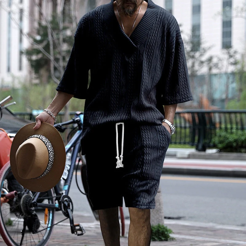Herren nan lässiges Strick-Set mit V-Ausschnitt, Kurzarm-Oversize und Kordelshorts Drune