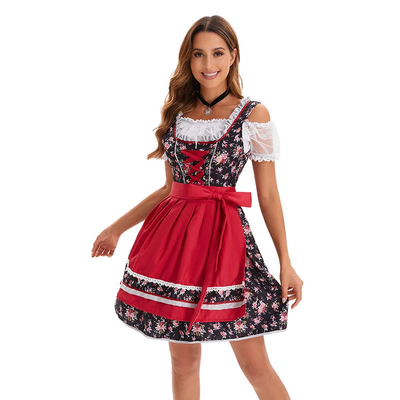 Damen nan kurzes traditionelles Dirndl mit floraler Musterung, Schnürung und Spitzenbluse Drune
