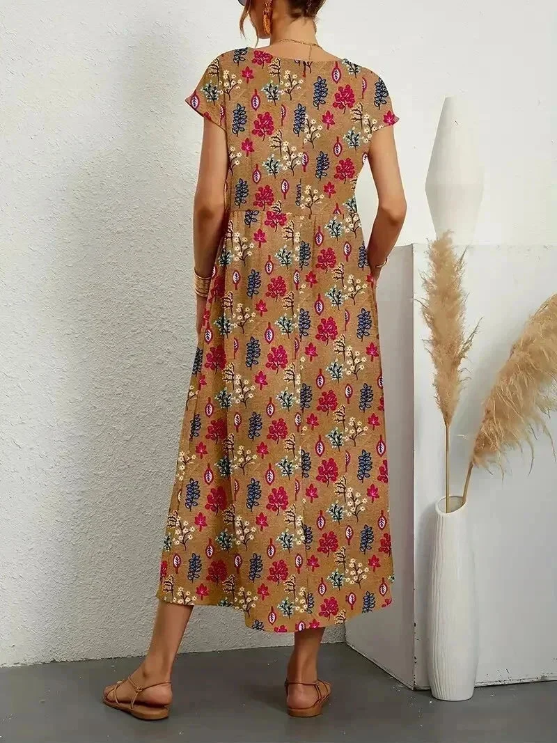 Baumwoll Midikleid Damen mit Blumendruck und Taschen