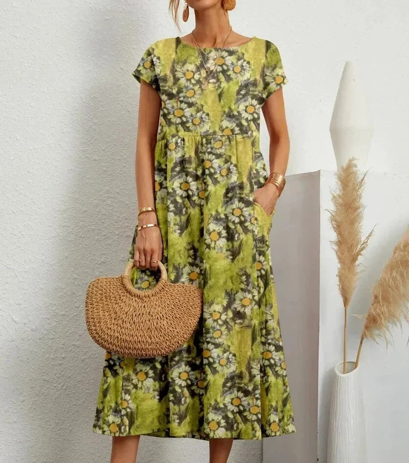 Baumwoll Midikleid Damen mit Blumendruck und Taschen