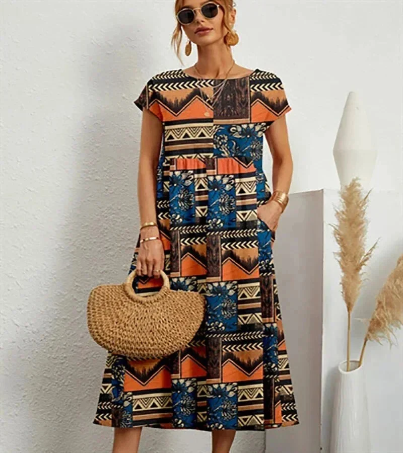 Baumwoll Midikleid Damen mit Blumendruck und Taschen