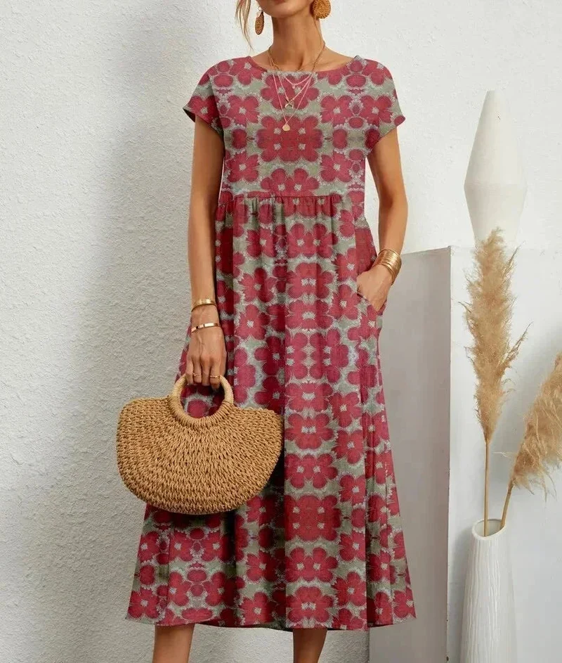 Baumwoll Midikleid Damen mit Blumendruck und Taschen