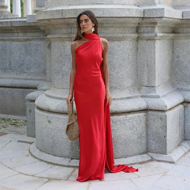 Langes Drapiertes Damenkleid | Elegantes Abendkleid mit Einem Träger