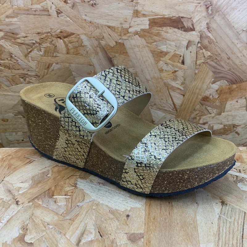 Plakton Damen-Sandale „Alicante Hi“ aus Leder – Glitzergold