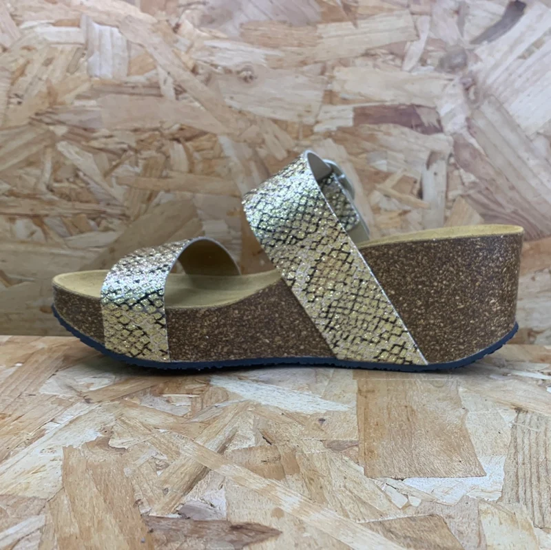 Plakton Damen-Sandale „Alicante Hi“ aus Leder – Glitzergold