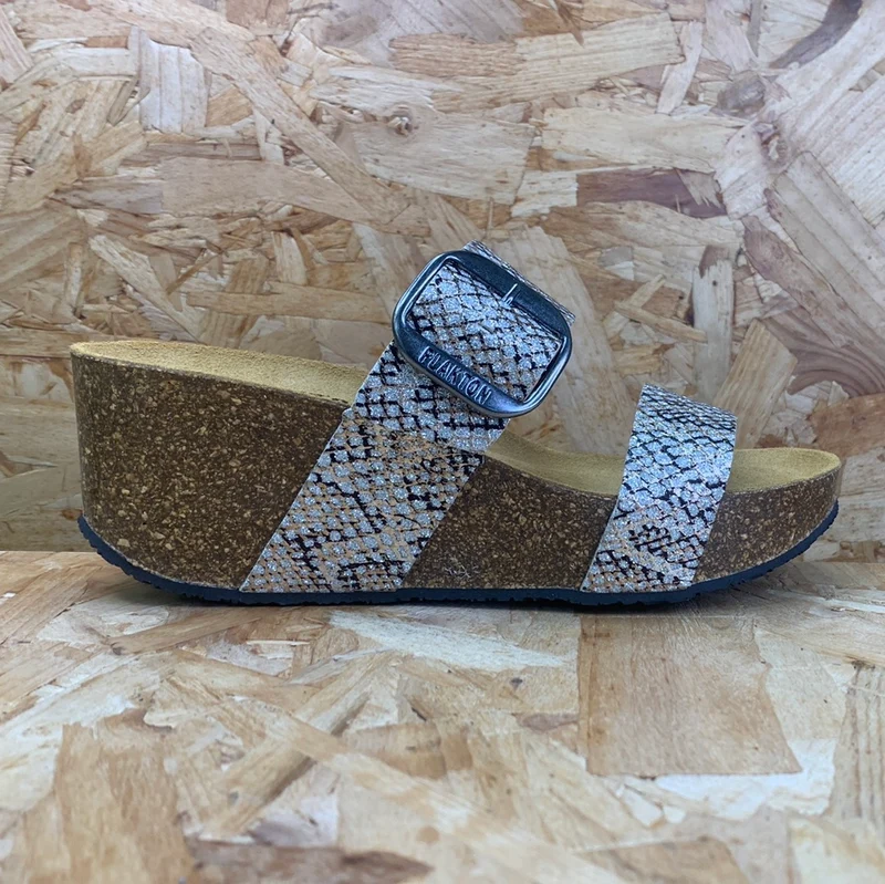 Plakton Damen-Sandale „Alicante Hi“ aus Leder – Glitzer-Silber