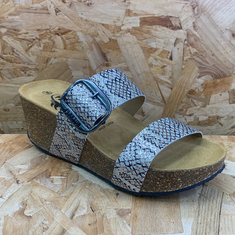 Plakton Damen-Sandale „Alicante Hi“ aus Leder – Glitzer-Silber