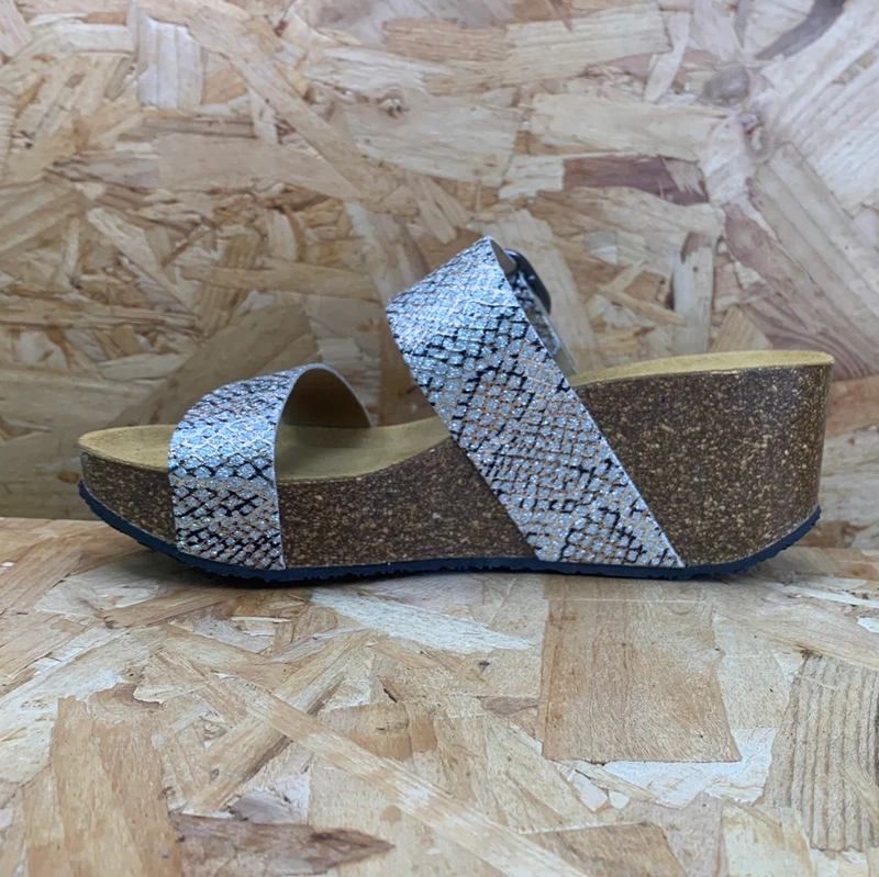 Plakton Damen-Sandale „Alicante Hi“ aus Leder – Glitzer-Silber