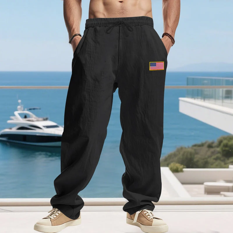 Herren nan lässige Leichtgewicht-Loungehose mit Tunnelzugbund, weitem Bein und Flaggen-Patch Drune