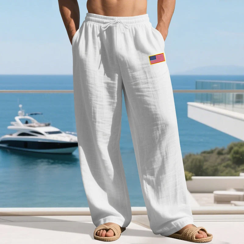 Herren nan lässige Leichtgewicht-Loungehose mit Tunnelzugbund, weitem Bein und Flaggen-Patch Drune